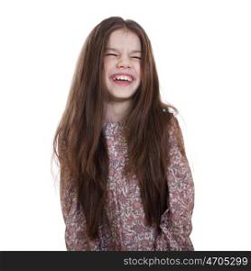 Young beautiful girl laughs a lot of fun, on white isolated background