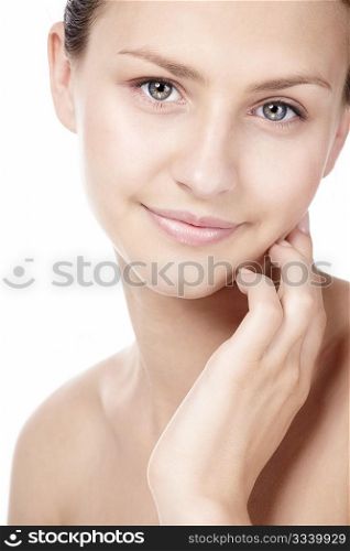 Young beautiful girl on white background