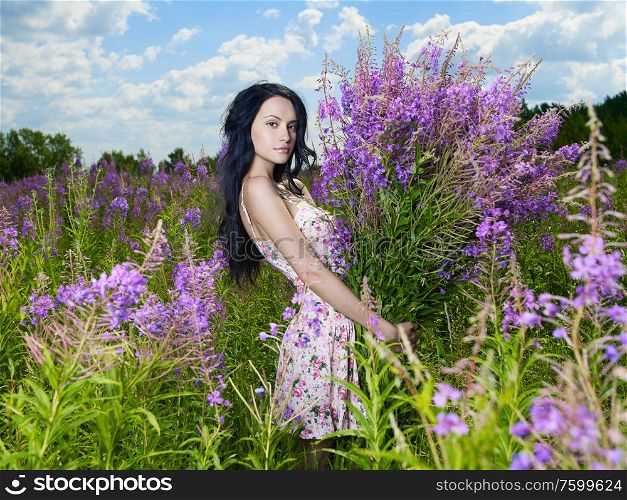 Young beautiful girl picks flowers in the field. A sexy woman walks in a summer park.