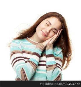 Young beautiful girl pretend sleeping and having sweet dreams, isolated on white