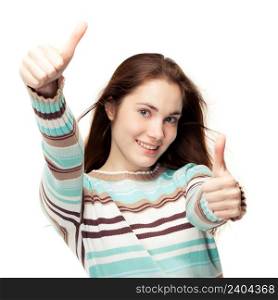 Young beautiful girl showing two thumbs up, isolated on white