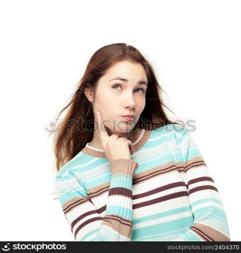 Young beautiful girl thinking / making choice, isolated on white