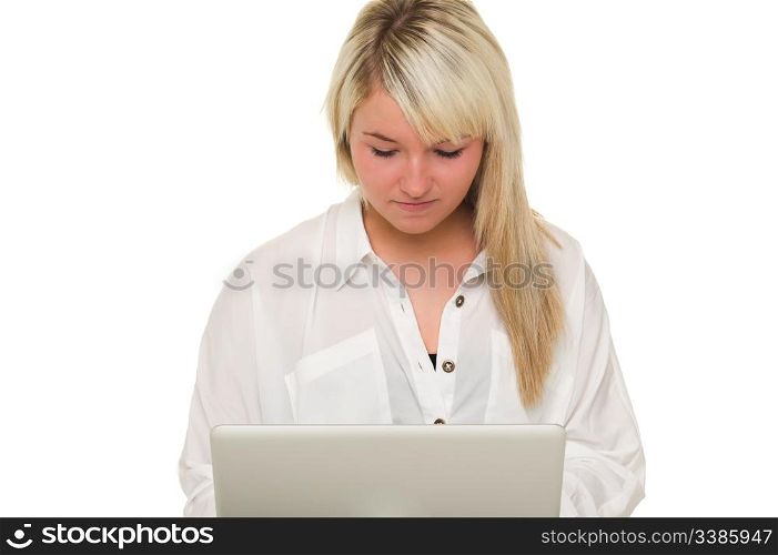 Young beautiful girl using here laptop. Over white background