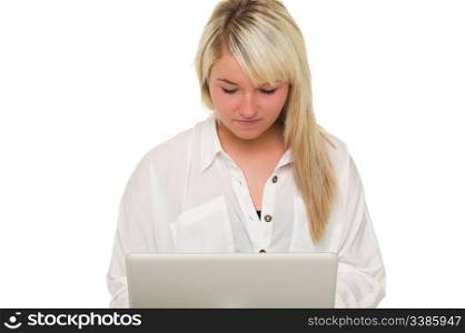 Young beautiful girl using here laptop. Over white background