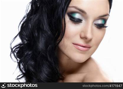 Young beautiful girl with makeup on white background