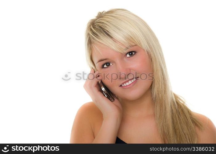 Young beautiful girl with smartphone smiling. Over white background