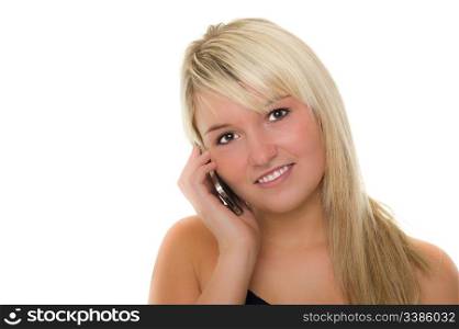 Young beautiful girl with smartphone smiling. Over white background