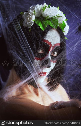 Young beautiful girl with traditional mexican death mask. Calavera Catrina. Sugar skull makeup. girl dressed in a wreath of white roses on a background of white web