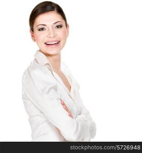 Young beautiful happy woman in white office shirt - on white background