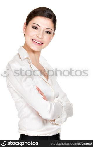Young beautiful happy woman in white office shirt - on white background