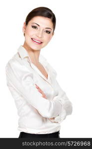 Young beautiful happy woman in white office shirt - on white background