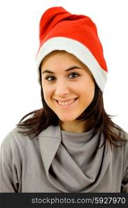 young beautiful happy woman portrait with a santa hat