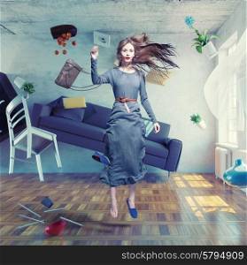 young beautiful lady fly in zero gravity room. Photo combination creative concept