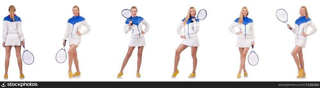 Young beautiful lady playing tennis isolated on white 
