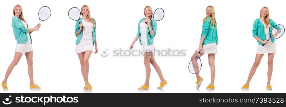 Young beautiful lady playing tennis isolated on white 