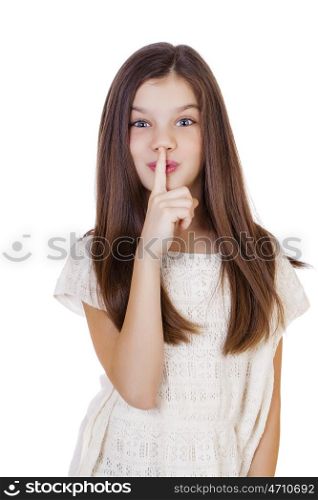 Young beautiful Little girl has put forefinger to lips as sign of silence