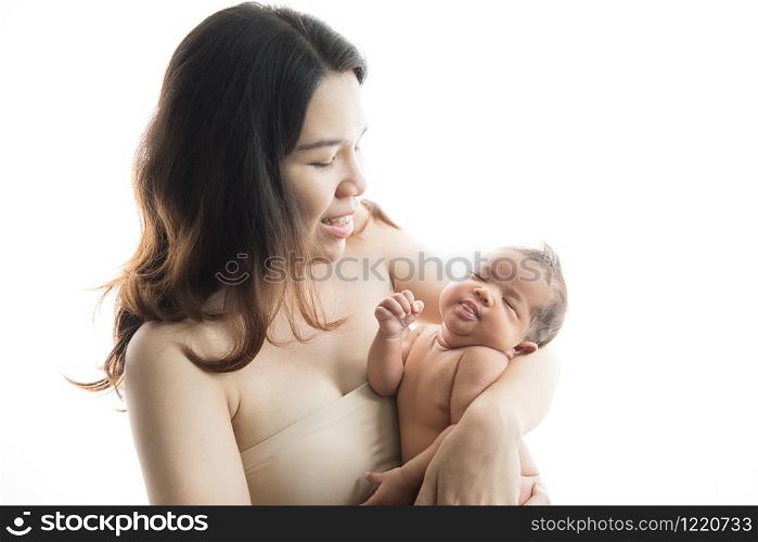 Young beautiful mother and her newborn baby on isolated white background
