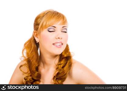 Young beautiful redhead woman close-up portrait isolated on white
