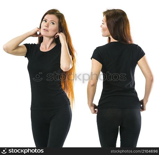Young beautiful redhead woman with blank black shirt, front and back. Ready for your design or artwork.