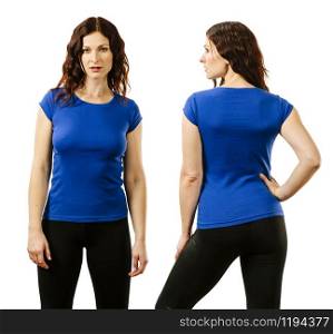 Young beautiful redhead woman with blank blue shirt, front and back. Ready for your design or artwork.