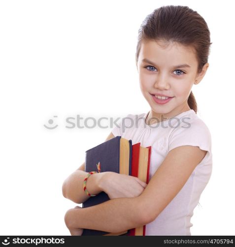 Young beautiful schoolgirl holds textbooks, isolated on a white background