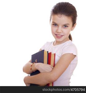 Young beautiful schoolgirl holds textbooks, isolated on a white background