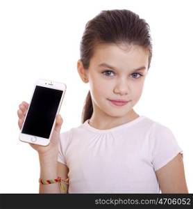 Young beautiful schoolgirl shows a new smart phone, isolated on white background