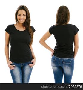 Young beautiful sexy female with blank black shirt, front and back. Ready for your design or artwork.&#xA;
