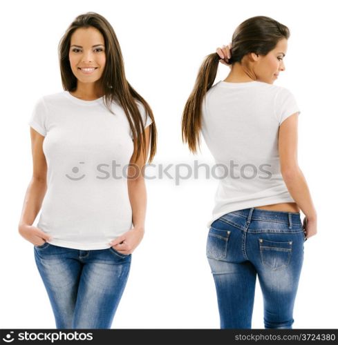 Young beautiful sexy female with blank white shirt, front and back. Ready for your design or artwork.