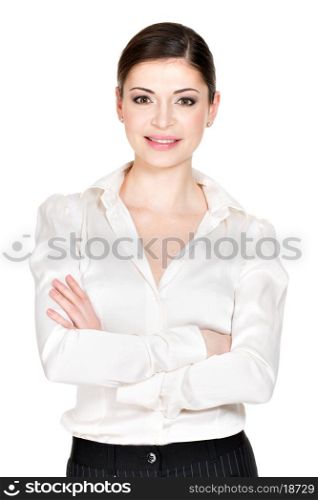 Young beautiful smiling woman in white office shirt - on white background