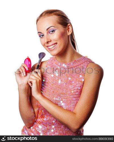 Young beautiful woman applying makeup and smiling cutout. Girl applying makeup
