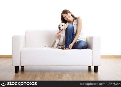 Young beautiful woman at home with her cute dog