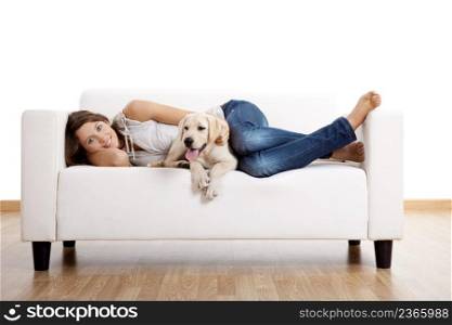 Young beautiful woman at home with her cute dog