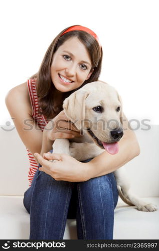 Young beautiful woman at home with her cute dog