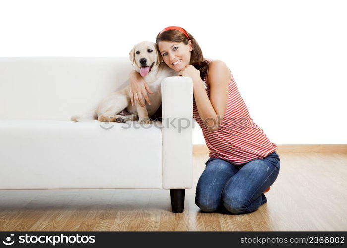 Young beautiful woman at home with her cute dog