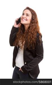 Young beautiful woman at the phone, isolated over a white background