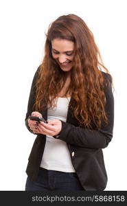 Young beautiful woman at the phone, isolated over a white background