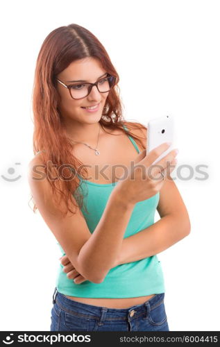 Young beautiful woman at the phone, isolated over a white background