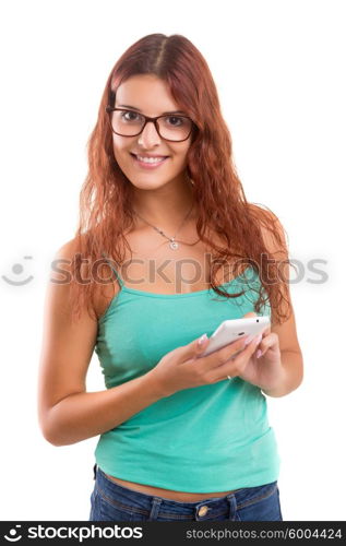 Young beautiful woman at the phone, isolated over a white background