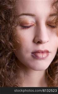 young beautiful woman close up portrait with closed eyes