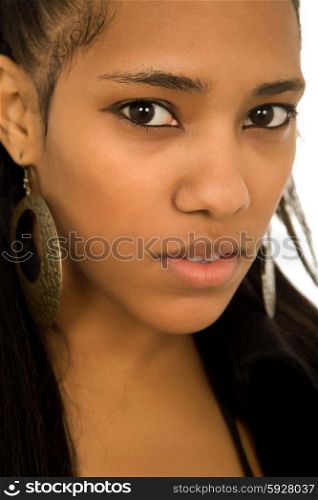 young beautiful woman closeup portrait, isolated on white