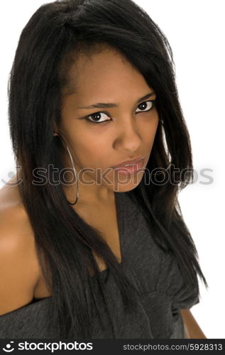 young beautiful woman closeup portrait, isolated on white