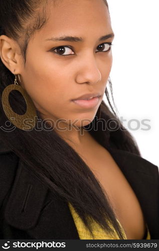 young beautiful woman closeup portrait, isolated on white