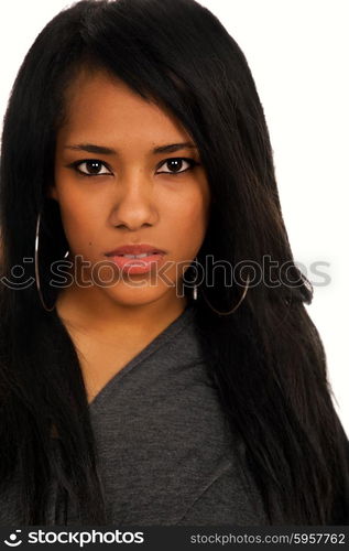 young beautiful woman closeup portrait, isolated on white