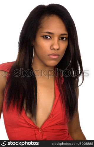 young beautiful woman closeup portrait, isolated on white