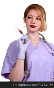 Young beautiful woman doctor with a medical syringe with medicine