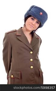 young beautiful woman, dressed as russian military