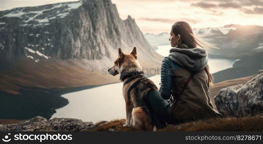 Young beautiful woman enjoy view with her dog during hiking trip in the mountain. distinct generative AI image.. Young beautiful woman enjoy view with her dog during hiking trip in the mountain