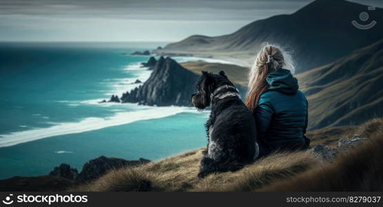 Young beautiful woman enjoy view with her dog during hiking trip in the mountain. distinct generative AI image.. Young beautiful woman enjoy view with her dog during hiking trip on ocean cliff