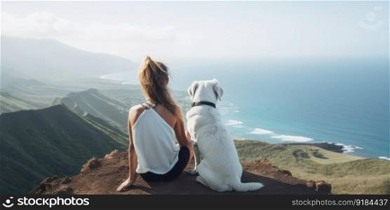 Young beautiful woman enjoy view with her dog during hiking trip in the mountain. distinct generative AI image.. Young beautiful woman enjoy view with her dog during hiking trip on ocean cliff